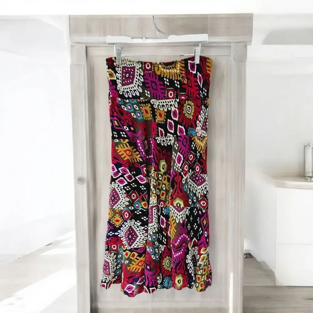 RUBY RD. Pull On Waist Midi Skirt Tiered Ruffled Hem Artsy Art To Wear Sz 8